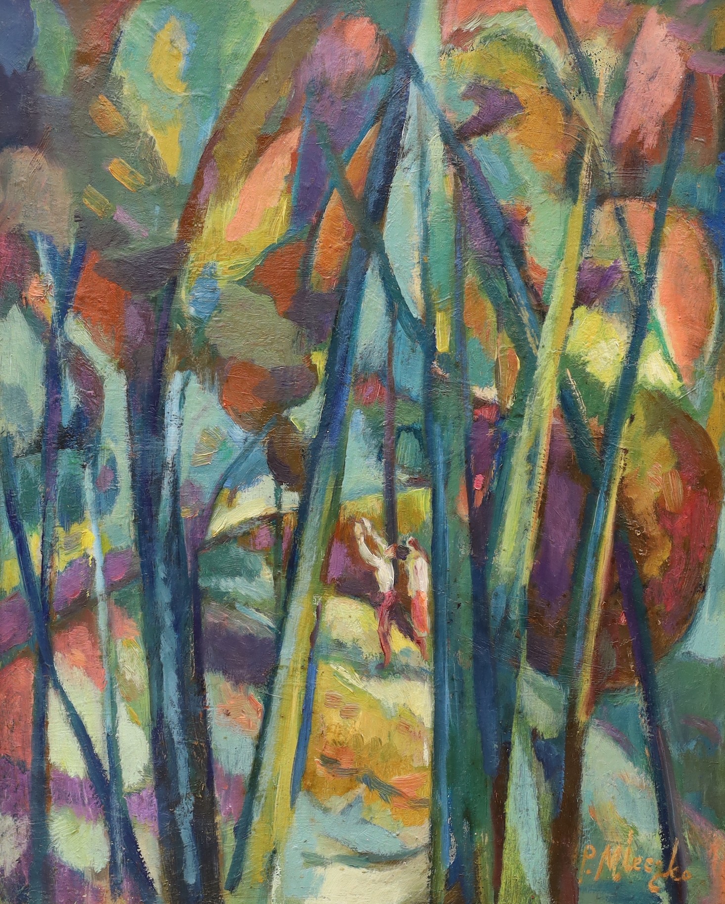 Piotr Mleczko (Polish, 1919-95), three oils / drawings, Figures in woodland, Pink Fish and Untitled composition, two signed, 50 x 40cm, 27 x 47cm and 29 x 20cm